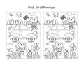 Bear mechanics at car race find the differences picture puzzle and coloring page Royalty Free Stock Photo